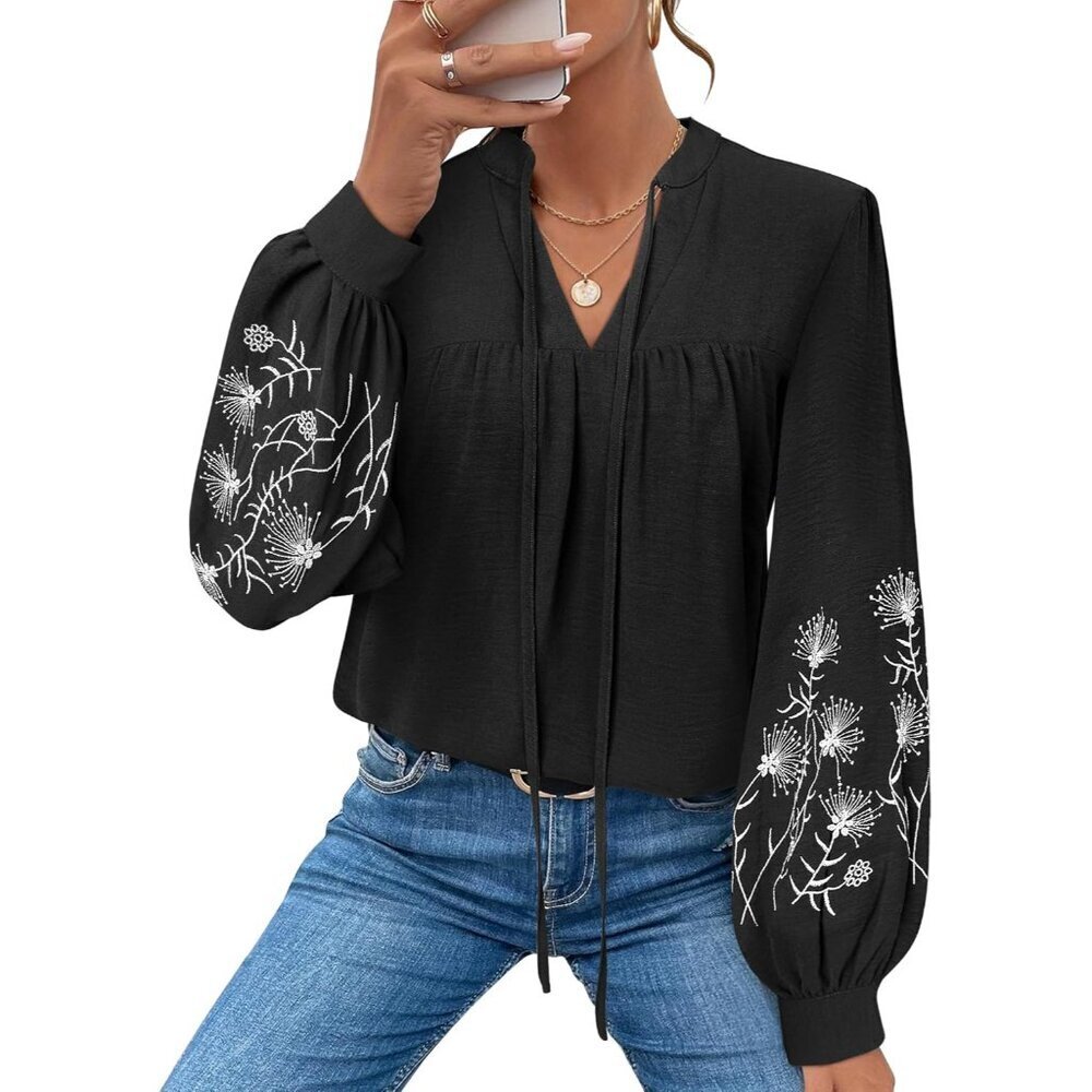 Women’s Boho Blouses Embroidered Puff Sleeve Peplum Casual Top Medium